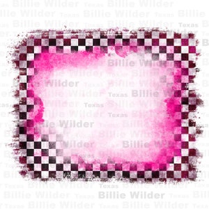 May include: A pink and white checkered border with a pink watercolor background. The border is distressed and has a grunge effect. The background is faded and has a soft, blurry look.