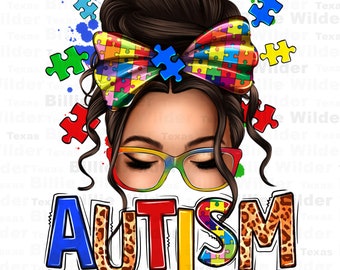 Autism mom Caucasian messy bun png sublimation design download, Autism Awareness png, mom life png, sublimate designs download
