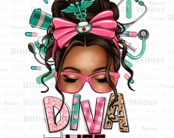 Pão bagunçado afro Diva Life png download de design de sublimação, Nurse Life png, Enfermagem png, mulher negra coque bagunçado png, download de designs sublimados