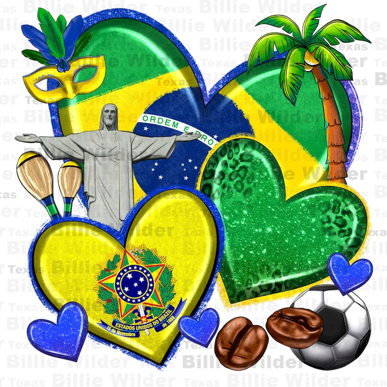 K&ouml;nnte beinhalten: Eine digitale Illustration eines herzf&ouml;rmigen Designs mit einer gr&uuml;n-gelb-blauen brasilianischen Flagge. Das Design enth&auml;lt eine Palme, einen Fu&szlig;ball, eine Statue von Christus dem Erl&ouml;ser, eine Karnevalsmaske und eine Maraca. Der Text "ORDEM E PROGRESSO" ist auf der Flagge sichtbar.