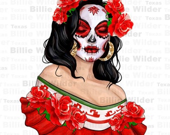 Mexicana Schädel Mädchen mit Rosen png Sublimation Design download, Sugar Skull Frau png, mexikanische png, chingona png, sublimate designs download