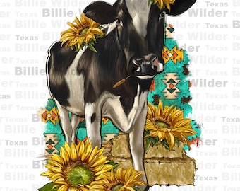 May include: A black and white cow with a sunflower crown stands on a turquoise and brown patterned background. The cow is surrounded by sunflowers.