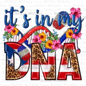 Puede incluir: Gráfico de "It's in my DNA" con una cadena de ADN roja, blanca y azul con un fondo de estampado de leopardo. El gráfico está rodeado de flores tropicales.