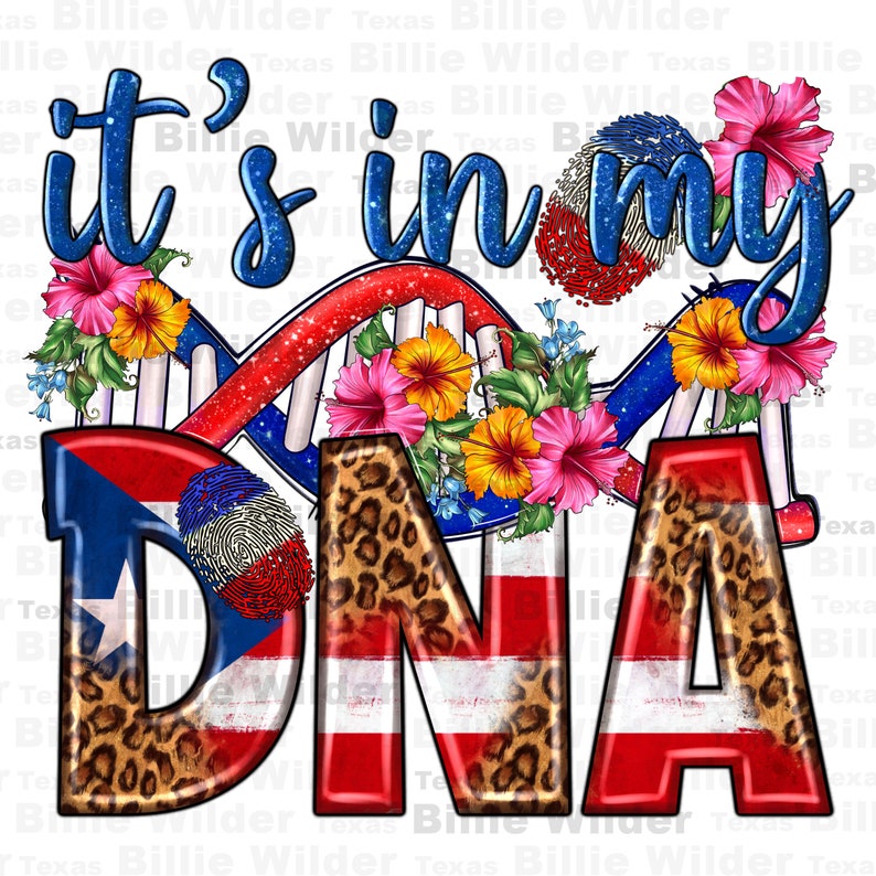 K&ouml;nnte beinhalten: &bdquo;It's in my DNA&ldquo; Grafik mit einer rot-wei&szlig;-blauen DNA-Spirale auf einem Leopardenmuster-Hintergrund. Die Grafik ist von tropischen Blumen umgeben.