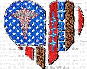 Könnte beinhalten: Eine rot-weiß-blaue amerikanische Flagge mit einem medizinischen Caduceus-Symbol in der Mitte. Die Flagge ist in der Mitte geteilt, mit einem Leopardenmuster auf der rechten Seite. Das Wort "NURSE" ist vertikal in blauen Buchstaben auf der rechten Seite des Bildes geschrieben.
