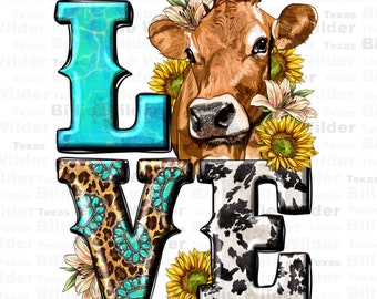 Western cow love with sunflower and gemstone png, hand drawn cow png, sunflowers cow png, cute cow png, sublimate designs download