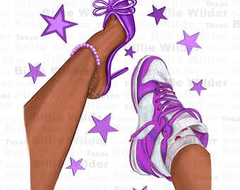 Purple afro girl sneakers and heels png, sneaker life png, black woman png, heels png, afro woman png, sublimate designs download