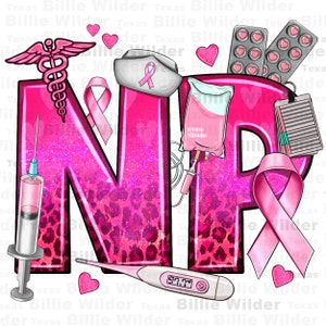 May include: A pink and glittery design featuring the letters "NP" with medical symbols. Includes a caduceus, syringe, IV bag, pills, a nurse's cap, pink ribbons, hearts, and a thermometer displaying 97.7°F. The design has a leopard print pattern.