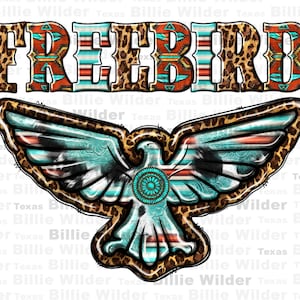 May include: A turquoise and red eagle with a leopard print background and the word "FREEBIRD" in a tribal pattern above it.