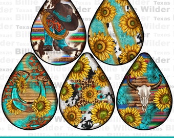 May include: Five teardrop-shaped earring designs featuring a western theme with sunflowers. The designs include a cowboy hat and boots, a horseshoe, a skull, and two different sunflower patterns.