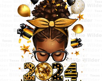 2024 happy new year afro messy bun png, Merry Christmas png, Happy New Year png, Christmas messy bun png, sublimate designs download