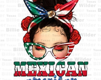 Op de afbeelding: Een digitale illustratie van een vrouw met bruin haar die een hoofdband draagt met de kleuren van de Mexicaanse en Amerikaanse vlag. Ze draagt een bril in dezelfde kleuren. De tekst "MEXICAN american" staat onder haar.