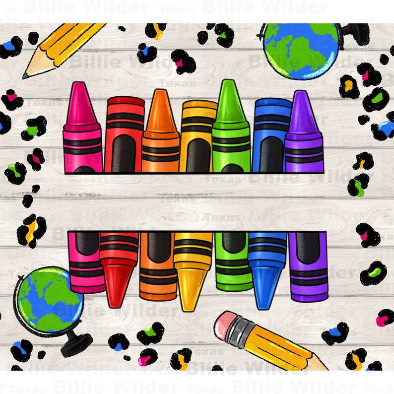 May include: A set of colorful crayons arranged in two rows on a white wooden background with a black and brown leopard print pattern. A globe and two pencils are also included in the image.