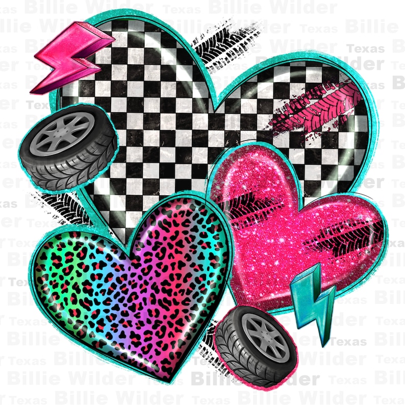 May include: Three hearts with different patterns: a black and white checkered heart, a pink glitter heart with a blue lightning bolt, and a rainbow leopard print heart.  Each heart has a tire print design around it.  The hearts are on a white background with the text "Billie Wilder" repeated in blue.