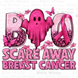 Könnte beinhalten: Rosa und schwarzes Glitzerdesign mit einem Geist und einem rosa Band. Der Text "Boo Scare Away Breast Cancer" ist in rosa und schwarzem Glitzer geschrieben.