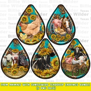 Farm animals teardrop earrings png sublimation design bundle, sunflowers teardop earrings png, farm life png, sublimate designs download