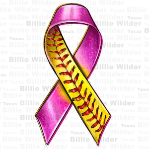 May include: A pink ribbon with a softball design. The ribbon is a symbol of awareness, with a yellow softball design and red stitching. The background features the text "Billie Wilder Texas" in a repeating pattern.