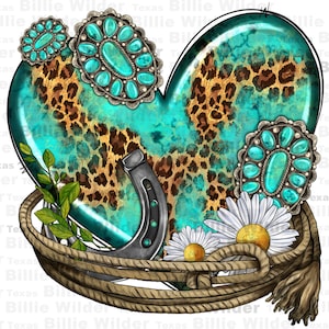 May include: A turquoise heart-shaped design with a leopard print pattern, a horseshoe, and turquoise and silver embellishments. The heart is surrounded by a brown rope and white daisies.