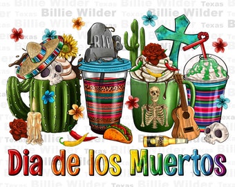 Tazas de café mexicanas dia de los muertos png descarga de diseño de sublimación, png latina, png de México, png mexicano, descarga de diseños sublimados