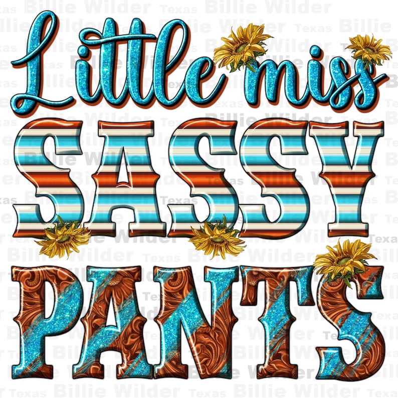 May include: A blue and brown graphic design with the text "Little Miss Sassy Pants". The design features a striped pattern and a floral design.