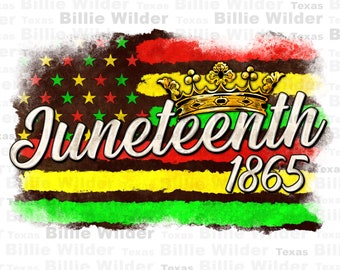 May include: A digital illustration of a red, white, and blue American flag with a gold crown on top. The flag is layered with green, yellow, and black stripes. The words "Juneteenth 1865" are written in white on the flag.