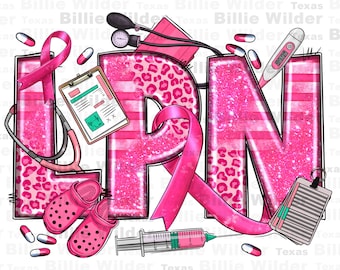 May include: Pink glitter LPN letters with a pink ribbon, a stethoscope, a clipboard, a thermometer, a syringe, pills, and a pair of pink clogs.