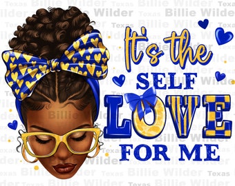 Schwesternschaft in den Farben blau und gold, ist es die Selbstliebe für mich, Afro Frau png, Schwarze Frau png, Afro Messy Bun png, Designs Download