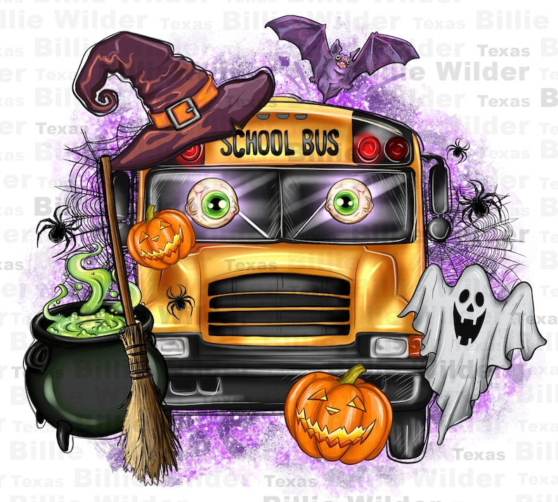 Peut inclure: Un bus scolaire jaune avec un chapeau de sorci&egrave;re, une chauve-souris, un fant&ocirc;me et des citrouilles. Le bus a des yeux globuleux et les mots "SCHOOL BUS" sur le devant. L'arri&egrave;re-plan est violet avec des toiles d'araign&eacute;es.