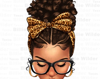Light skin afro messy bun leopard bow png sublimation design download, afro messy bun png,messy bun png,messy bun woman png,designs download