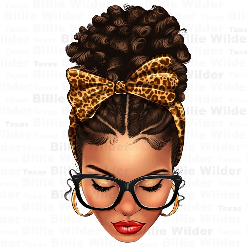 May include: A digital illustration of a woman with brown skin, brown curly hair in a bun, wearing black framed glasses, a leopard print headband, and a red lip.
