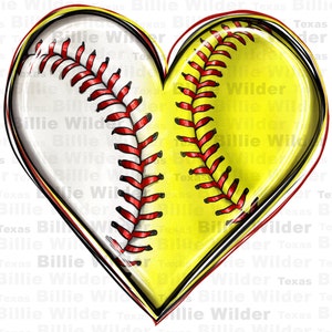 May include: A heart-shaped design with a white and yellow softball pattern. The softball has red stitching.