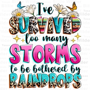 May include: A colorful graphic design with the text "I've Survived Too Many Storms To Be Bothered By Raindrops". The text is in a variety of fonts and colors, with a leopard print and turquoise background.