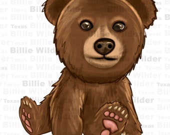 May include: A brown bear cub sitting with its paws crossed. The bear has a light brown nose and light brown eyes. The bear is sitting on a white background.
