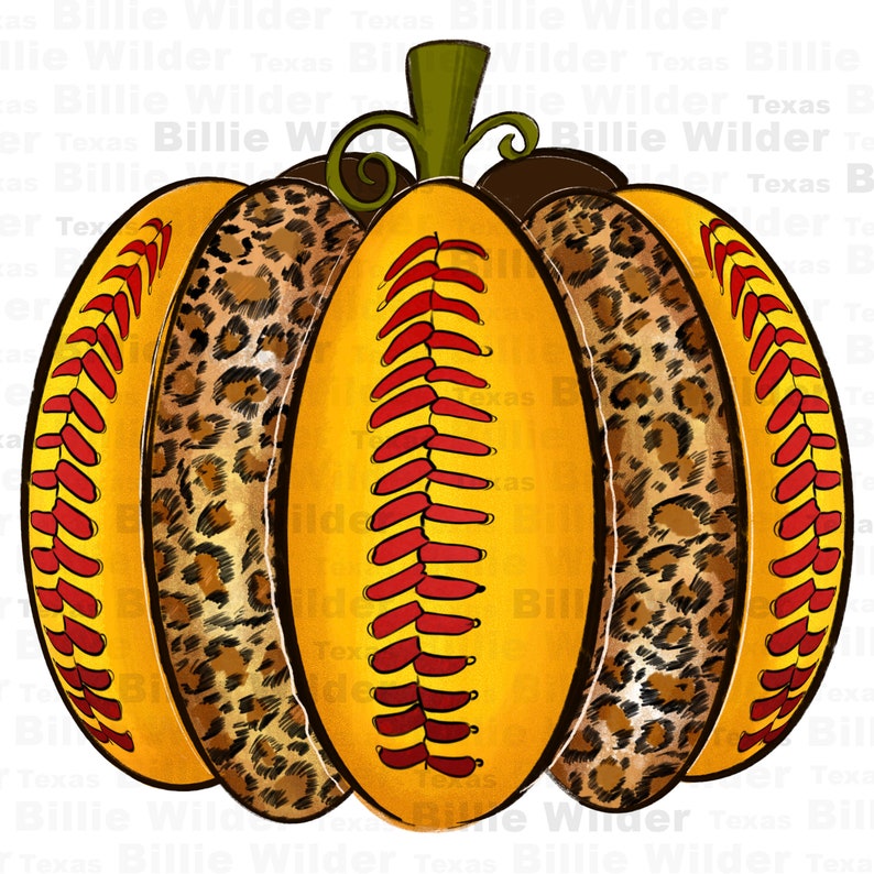 May include: A yellow pumpkin with a brown stem and a leopard print design. The pumpkin is decorated with red and yellow baseball stitching.