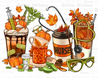 Fall Nurse coffee cups png sublimation design download, Hello Fall png, Autumn png,  Nurse png, coffee love png, sublimate designs download