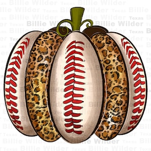 Puede incluir: Una calabaza blanca con un diseño de béisbol y un estampado de leopardo marrón. La calabaza tiene un tallo verde y está decorada con costuras rojas.