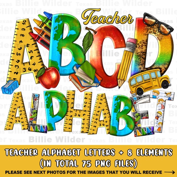 Teacher alphabet png files bundle, Teacher's Day doodle letters png, Teacher letters png, sublimate designs download