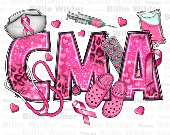 May include: Pink glitter letters spelling "CMA" with a pink stethoscope, pink ribbon, pink clogs, and a pink IV bag. The letters have a leopard print pattern.