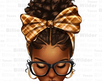 May include: A digital illustration of a Black woman with brown curly hair styled in a bun. She is wearing a brown and gold plaid headband with a bow and black framed glasses. Her eyes are closed.