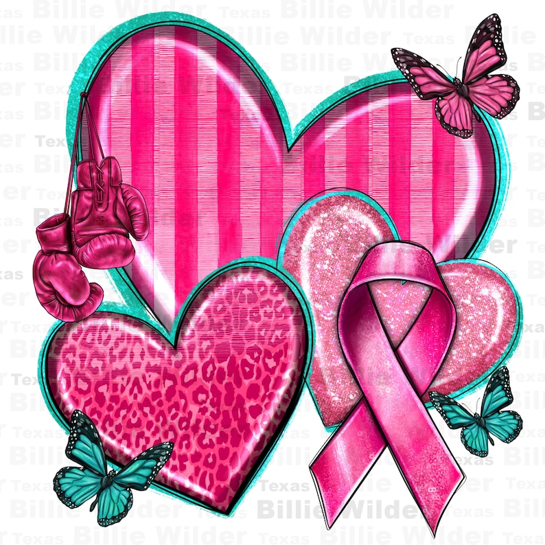 K&ouml;nnte beinhalten: Drei rosa Herzen mit verschiedenen Mustern, darunter Streifen, Glitzer und Leopardenmuster. Ein rosa Band ist um das glitzernde Herz gebunden. Zwei Schmetterlinge befinden sich auf beiden Seiten der Herzen.