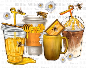 Bumble bee coffee cups png sublimation design download, daisies coffee cups png, coffee love png, sublimate designs download