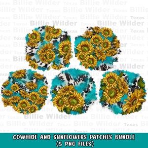 Pode incluir: Um pacote de cinco arquivos PNG com designs de pele de vaca e girassóis. Cada design apresenta girassóis amarelos com folhas verdes sobre um padrão de pele de vaca em tons de preto, branco e turquesa.