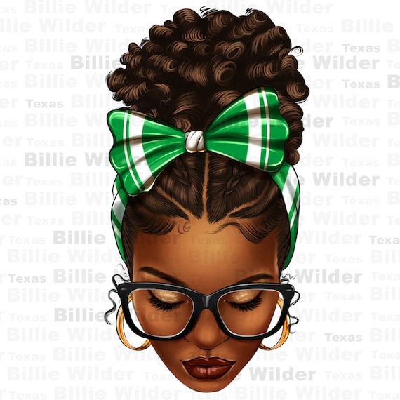 Afro messy bun green and white bow png sublimation design download, black woman png, messy bun design png, sublimate designs download