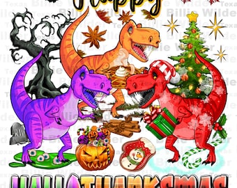 Happy Hallothanksmas Dinosaur png sublimation design download, Thanksgiving png, Christmas png, Halloween png, animal png, designs download