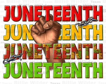 May include: A graphic design featuring the word "Juneteenth" repeated four times in red, yellow, and green. The word is layered with a raised fist and a broken chain. The background is white.