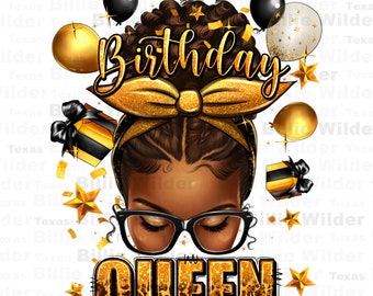 Birthday queen afro messy bun png sublimation design download, birthday party png, afro woman png, sublimate designs download