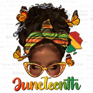 Peut inclure: Une illustration numérique d'une femme noire avec un bandeau coloré et des accents de papillon. La femme porte des lunettes et a les yeux fermés. Le texte "Juneteenth" est écrit en couleurs arc-en-ciel sous le visage de la femme.
