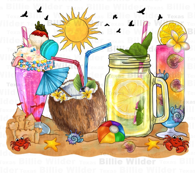 May include: A summer beach scene with a pink milkshake, a coconut with a straw, a mason jar filled with lemonade, and a colorful cocktail. The scene is decorated with a beach ball, seashells, and a starfish.