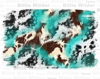 May include: Abstract design with a turquoise, brown, black, and white cowhide pattern. The design has a distressed, textured look with a blurred edge. The text "Billie Wilder Texas" is faintly visible.