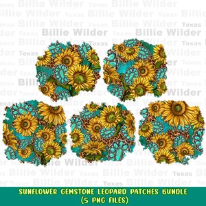 May include: Five digital clipart images of sunflowers with turquoise gemstones and a leopard print background. The images are in a circular shape with a rough, painted edge.